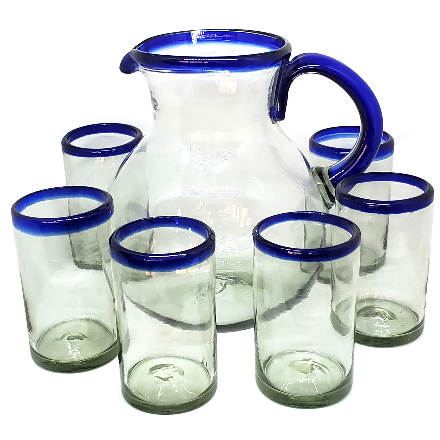 Colored Rim Glassware / Cobalt Blue Rim 120 oz Pitcher and 6 Drinking Glasses set / Bordered in beautiful cobalt blue, this classic pitcher and glasses set will bring a colorful touch to your table.